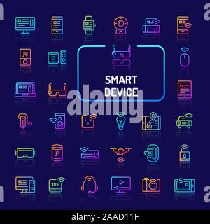 Simple gradient color icons isolated over dark background related to smart gadgets & electronic devices. Vector signs and symbols collections for webs Stock Vector