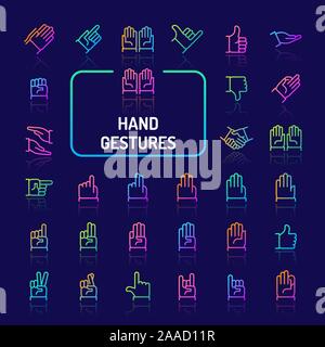 Simple gradient color icons isolated over dark background related to hand gestures and actions. Vector signs and symbols collections for website and a Stock Vector