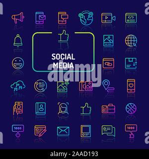 Simple gradient color icons isolated over dark background related to social media, interaction, sharing & exchange. Vector signs and symbols collectio Stock Vector