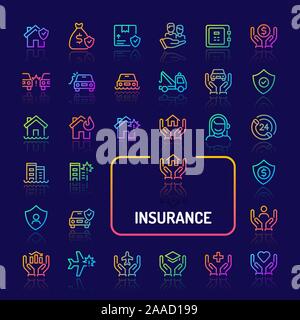 Simple gradient color icons isolated over dark background related to business & personal insurance. Vector signs and symbols collections for website a Stock Vector