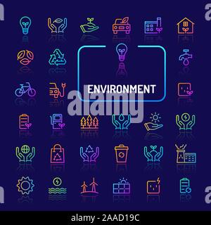 Simple gradient color icons isolated over dark background related to eco-friendly environment. Vector signs and symbols collections for website and ap Stock Vector