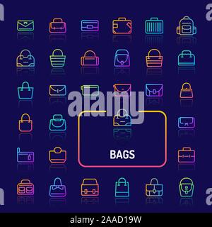 Simple gradient color icons isolated over dark background related to bags, pouches and suitcase for fashion. Vector signs and symbols collections for Stock Vector