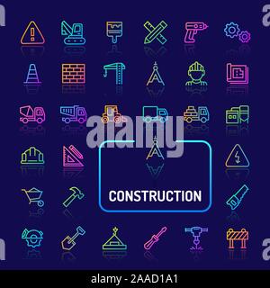 Simple gradient color icons isolated over dark background related to buildings and constructions. Vector signs and symbols collections for website and Stock Vector