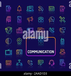 Simple gradient color icons isolated over dark background related to communications. Vector signs and symbols collections for website and app.. Stock Vector