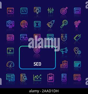 Simple gradient color icons isolated over dark background related to Search Engine Optimisation (SEO). Vector signs and symbols collections for websit Stock Vector