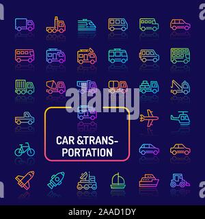 Simple gradient color icons isolated over dark background related to cars & transportation. Vector signs and symbols collections for website and app.. Stock Vector