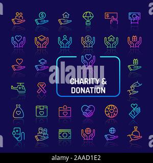 Simple gradient color icons isolated over dark background related to charity & donation. Vector signs and symbols collections for website and app.. Stock Vector