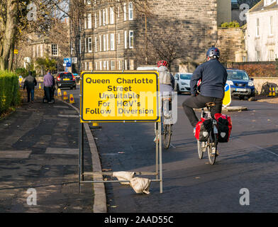 Leith, Edinburgh, Scotland, United Kingdom. 21st Nov, 2019. Trams to Newhaven work starts: Constitution Street is closed to traffic for the next 2-3 years to build the extension for Edinburgh's tram line from to Newhaven, with 8 more stops over 2.91 miles. Barriers along Queen Charlotte Street with a diversion. The work is being undertaken by SFN (Sacyr Farrans Neopul) and MUS (Morrison Utility Services) Stock Photo