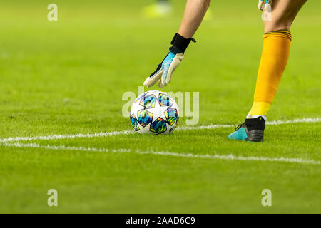 Piraeus, Greece - October 22, 2019: Champions League football balls in the field before the match of the UEFA Champions League game between Olympiacos Stock Photo