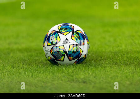 Piraeus, Greece - October 22, 2019: Champions League football balls in the field before the match of the UEFA Champions League game between Olympiacos Stock Photo