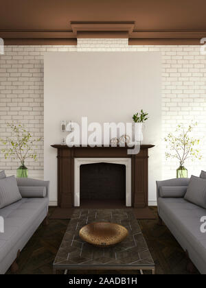 fireplace with brick wall and sofas Stock Photo