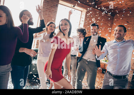 Photo of crazy friends on dance floor x-mas students party listening favorite songs resting bar together little drunk wear formalwear dress shirts Stock Photo