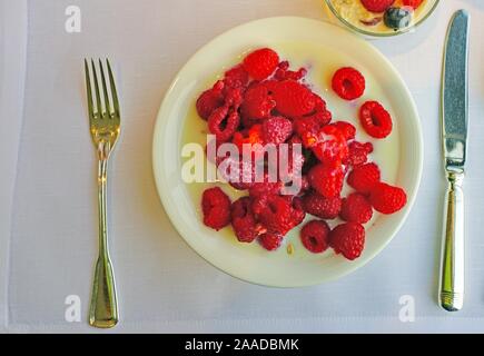 Bowl of fresh red raspberries in milk Stock Photo