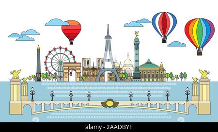 Panoramic line art style Paris City Skyline by sunrise. Romantic ...