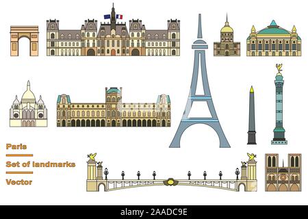 Vector set of main landmarks of Paris. Vector colorful Illustration in line art style in black color isolated on white background. Paris vector icon. Stock Vector