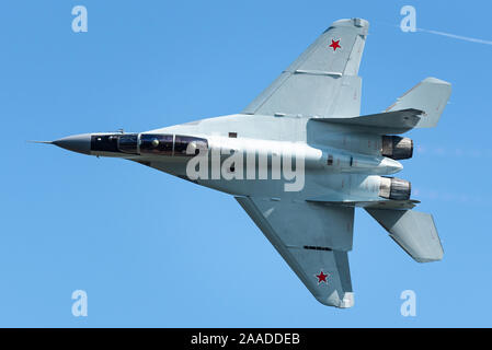 A Russian Air Force Mikoyan MiG-35 performing during the Aviation Salon MAKS-2019 airshow in Zhukovsky, Russia. Stock Photo