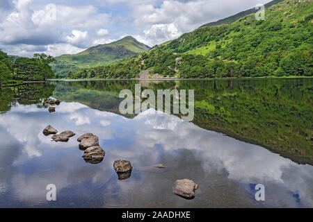 Reflections in Llyn Gwynant in the Glaslyn valley, looking west with Yr Aran mountain in the background, Snowdonia National Park, North Wales, UK, June. Stock Photo