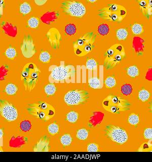 Cute seamless pattern with cartoon emoji fruits pitaya Stock Vector