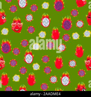 Cute seamless pattern with cartoon emoji fruits pitaya Stock Vector