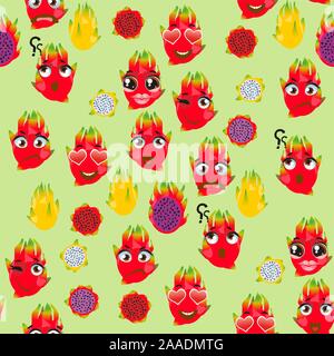 Seamless pattern exotic fruit pitaya. Funny cute faces character Stock Vector