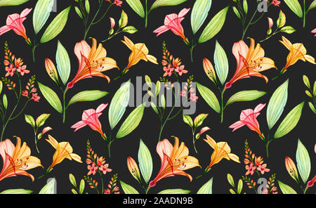 Seamless tropical pattern on bleck background. Watercolor Transparent Lily, freesia, hibiscus flowers and leaves. Colourful botanical illustration for Stock Photo