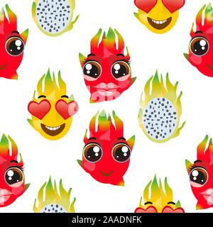 Seamless pattern exotic fruit pitaya. Funny cute faces character Stock Vector