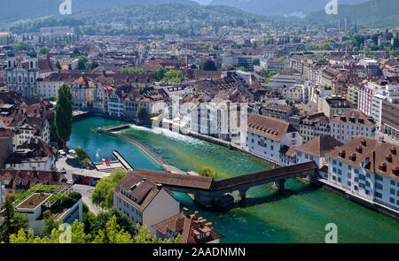 Birds eye view of Lucerne, Switzerland looking down on the River Reuss and Spreuer Bridge from the tower Stock Photo