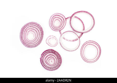 Slices of purple onion in a top view on a white background Stock Photo