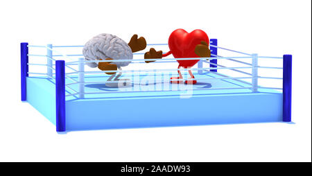 Heart that is fighting with the brain, with boxing gloves in the ring, 3d illustration Stock Photo