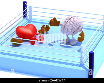 Brain that is fighting with the heart and win, with boxing gloves in the ring, 3d illustration Stock Photo