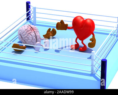 Heart that is fighting with the brain and win, with boxing gloves in the ring, 3d illustration Stock Photo