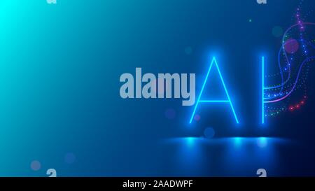 AI technology neon character hanging on blue background. Abstract artificial intelligence concept banner. Glowing sign of cyber mind connects with Stock Vector