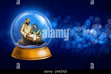 Christmas story. Christmas night, Mary, Joseph and the baby Jesus, Son of God , snowglobe Christmas decorations, art illustration painted with waterco Stock Photo