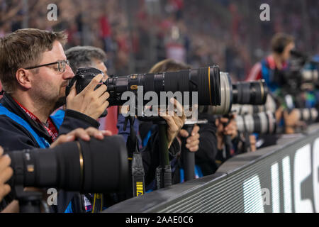 Piraeus, Greece - October 22, 2019: Photographers during the UEFA Champions League game between Olympiacos vs Bayern at Georgios Karaiskakis stadium Stock Photo