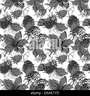 Blackberry healthy food. Black and white engraved ink art. Seamless background pattern. Fabric wallpaper print texture. Stock Vector