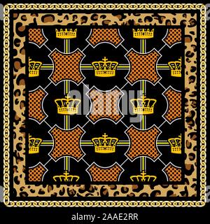 Leopard,chain, crown pattern for scarf, shawl, bandanna, kerchief, silk fabrics. Seamless luxury print. - vector Stock Vector