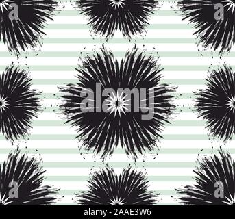 Black flowers brush strokes. Seamless monochrome floral pattern. Green lines. - Vector Stock Vector