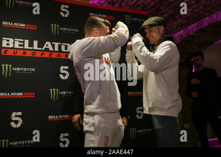 London, UK. 21st Nov, 2019. James Gallagher and Cal Ellanor face off following the annoumcenent of his headline fight against James Gallager in Dublin at Bellator London: MEDIA DAY, MVP vs. Melillo at Glaziers Hall . November 21, 2019 Credit Dan-Cooke/Alamy Live News Stock Photo
