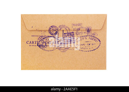 Envelope with stamps of Paris, the capital of France on a white background. Stock Photo