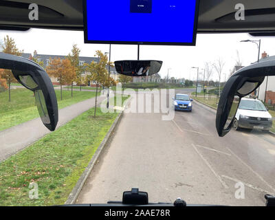The Conservative Party election campaign coach temporarily left stranded on a housing estate in Bedford after a technical fault rendered it unsafe to drive for around 45 minutes because of a fault with the electric wing mirror. Stock Photo