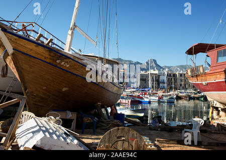 Boatyard and shipwrights': Kyrenia (aka Girne) harbour, Northern Cyprus Stock Photo