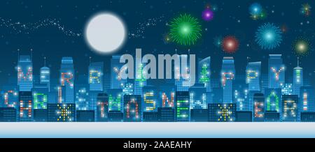 Two in one set of panoramic Merry Christmas and Happy New Year alphabets on illuminated windows of high rise buildings in a night city with snow flake Stock Vector