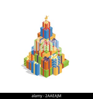 Pile of colorful flat gift boxes in shape of Christmas tree in isometric view Stock Vector