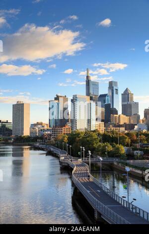 Philadelphia Skyline with Schuylkill River Park Boardwalk in Autumn at Dawn, Philadelphia, Pennsylvania, USA Stock Photo