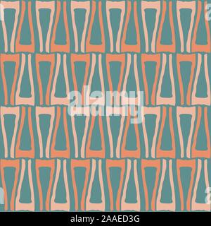 Hand drawn tribal light blue, blush pink and orange geometric wicker weave design. Vector seamless pattern on teal background. Great for wellness Stock Vector