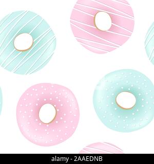 Sweet Donuts seamless pattern set with blue and rose icing and sprinkles isolated Stock Vector