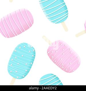 Stick ice cream seamless pattern set, blue and white icing with stripes and dressing Summer Stock Vector