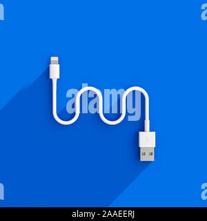 3d render image of a usb cable on blue background with long diagonal shadow. connection concept. Stock Photo