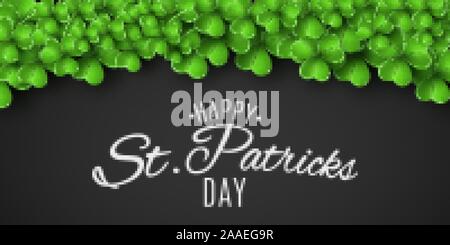 Saint Patricks day banner. Green clovers and stylish lettering on a black background. Festive brochure. Vector illustration. EPS 10 Stock Vector