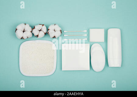 Beauty and spa concept. Flat lay composition with cosmetic products and cotton on color background Stock Photo